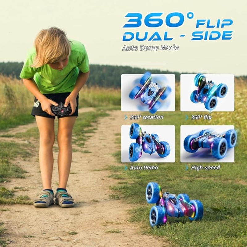 4WD RC Stunt Car 360 Flip Double Sided with LED Lights Kids Gift Blue Toys