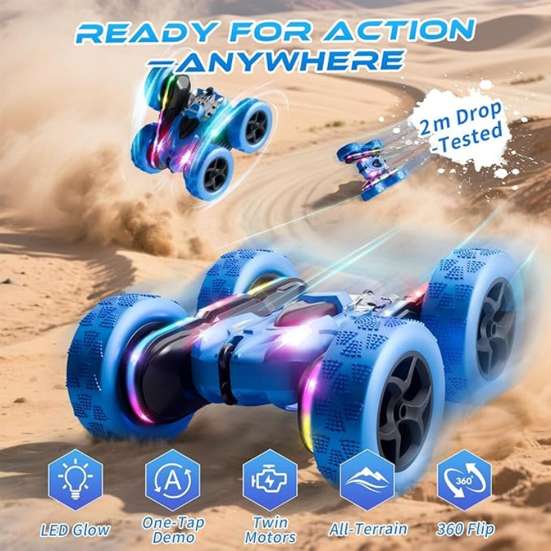4WD RC Stunt Car 360 Flip Double Sided with LED Lights Kids Gift Blue Toys