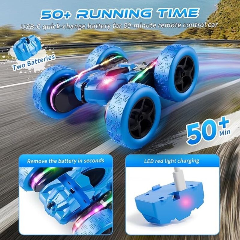 4WD RC Stunt Car 360 Flip Double Sided with LED Lights Kids Gift Blue Toys